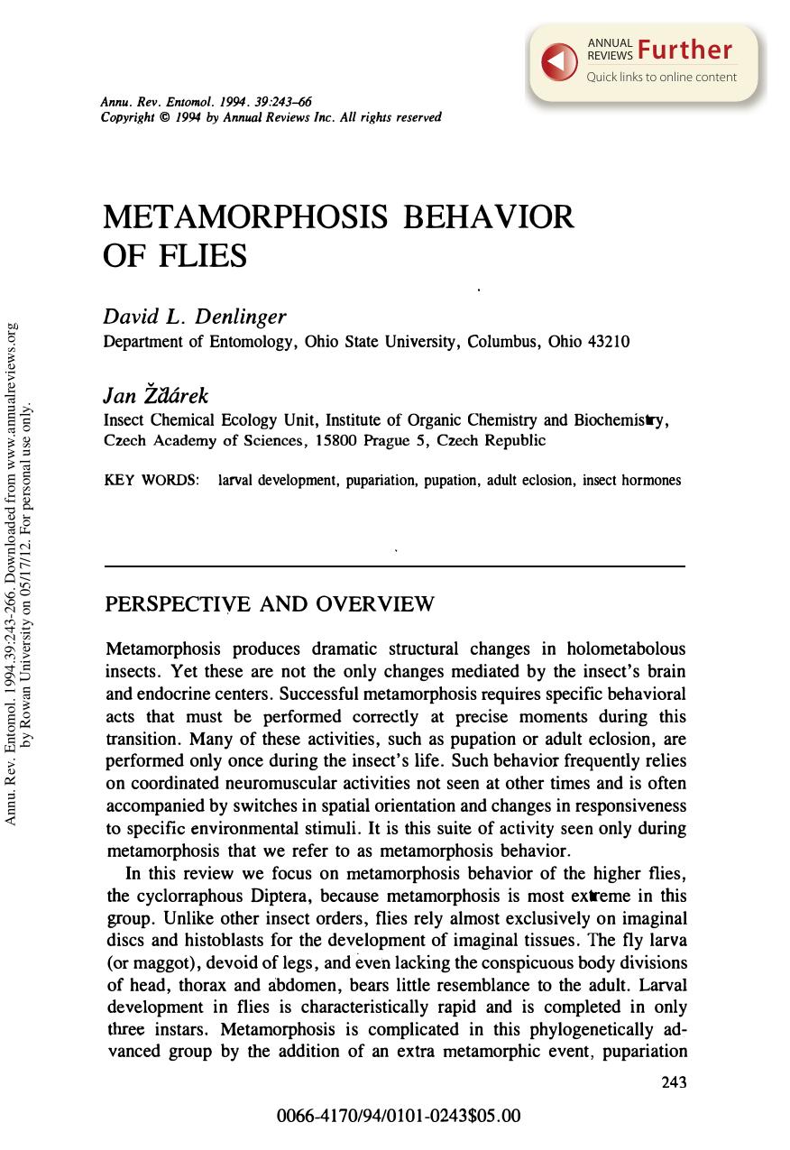 Metamorphosis Behavior of Flies by D L Denlinger & and J Zdarek