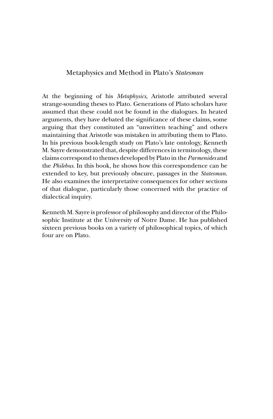 Metaphysics and Method in Plato's Statesman by Kenneth M. Sayre