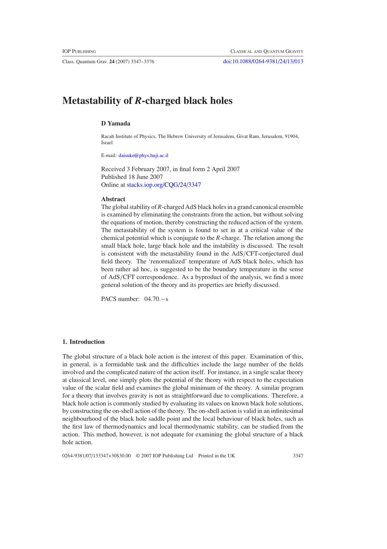 Metastability of R-charged black holes by D Yamada