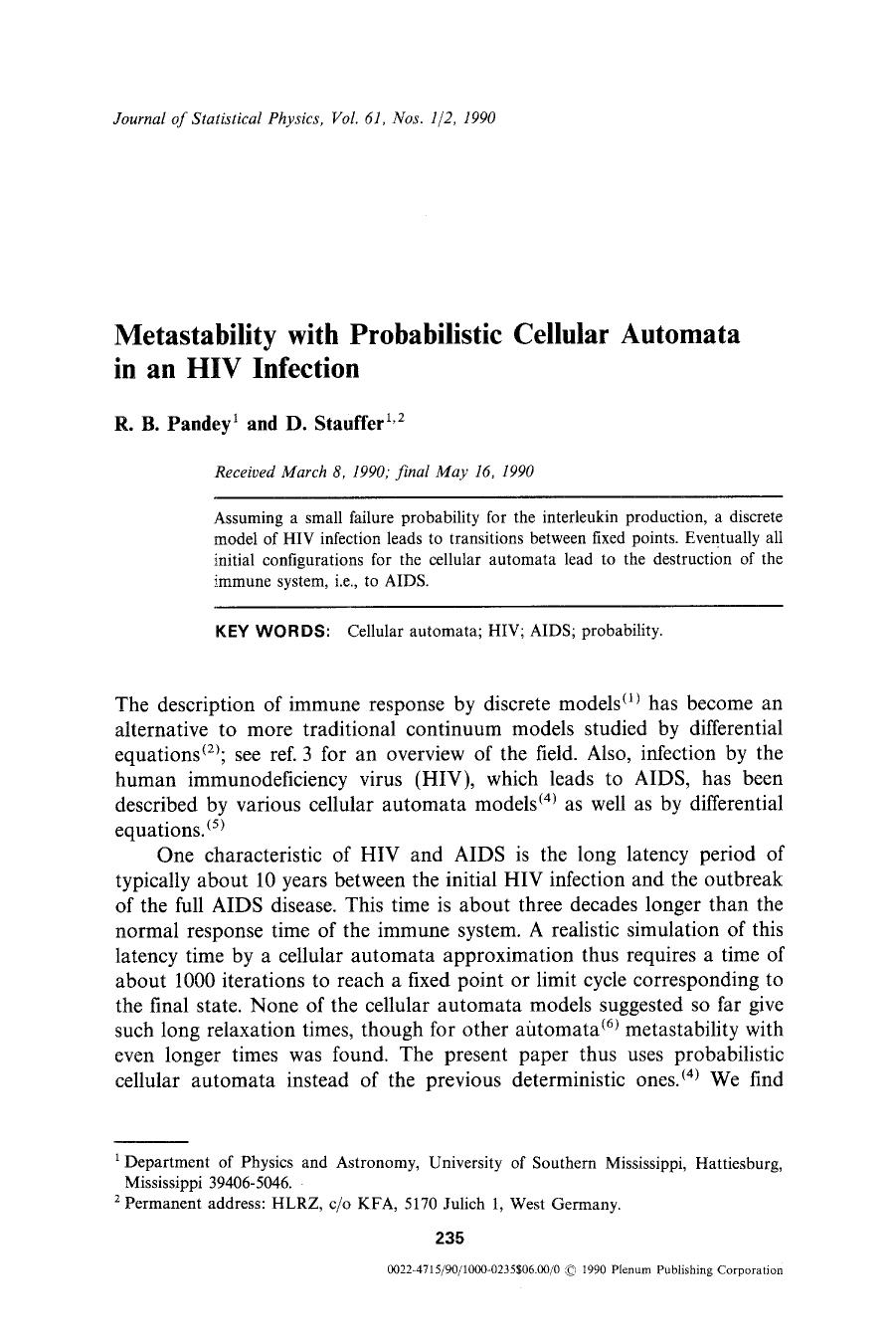 Metastability with probabilistic cellular automata in an HIV infection by Unknown