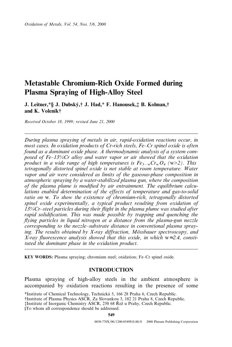 Metastable Chromium-Rich Oxide Formed during Plasma Spraying of High-Alloy Steel by Unknown