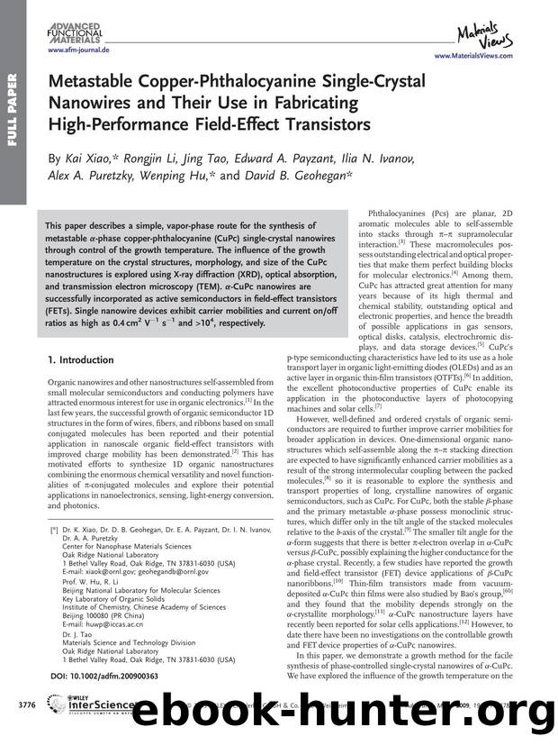 Metastable Copper-Phthalocyanine Single-Crystal Nanowires and Their Use in Fabricating High-Performance Field-Effect Transistors by Unknown