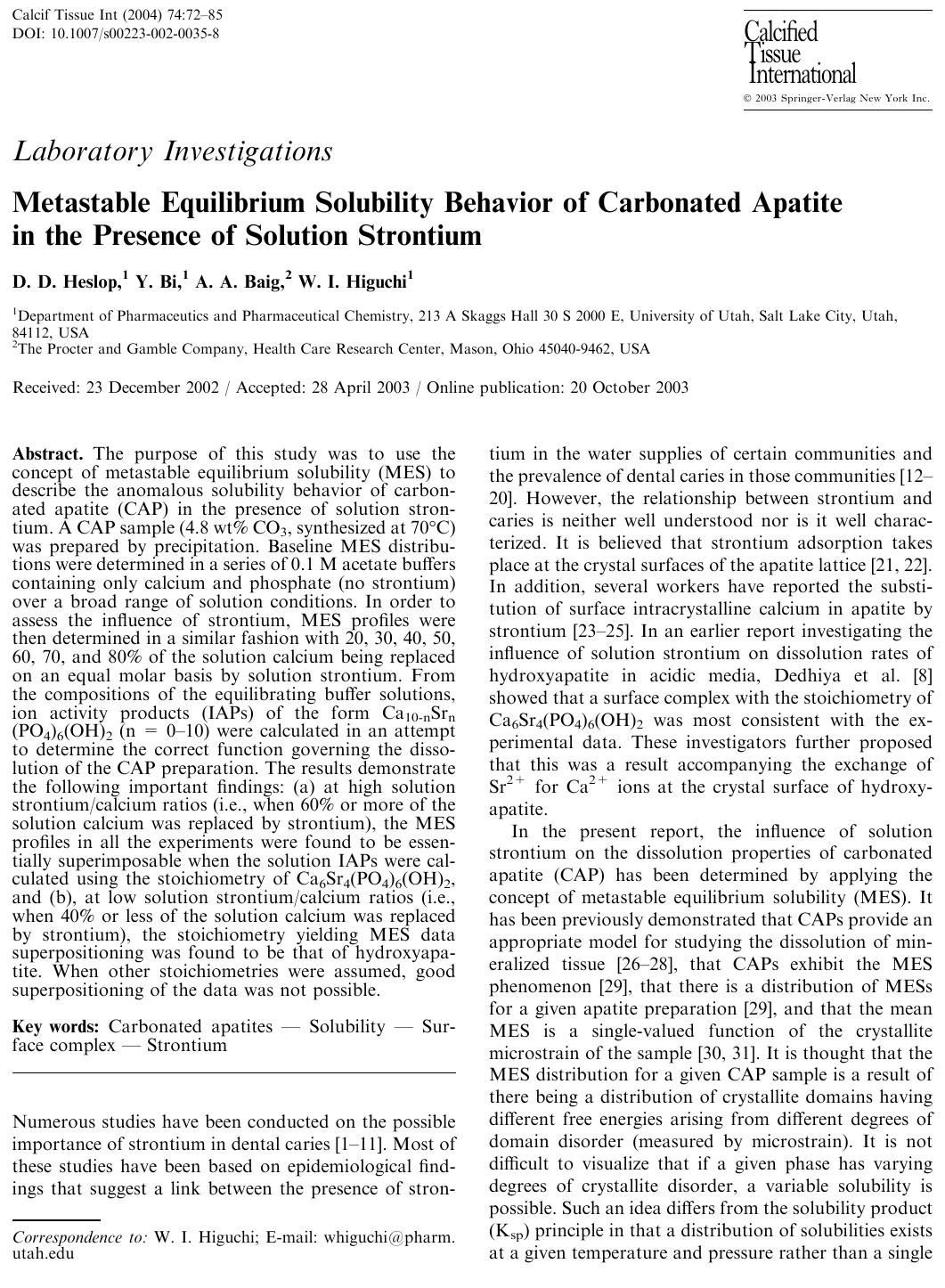 Metastable Equilibrium Solubility Behavior of Carbonated Apatite in the Presence of Solution Strontium by Heslop D.D. et al