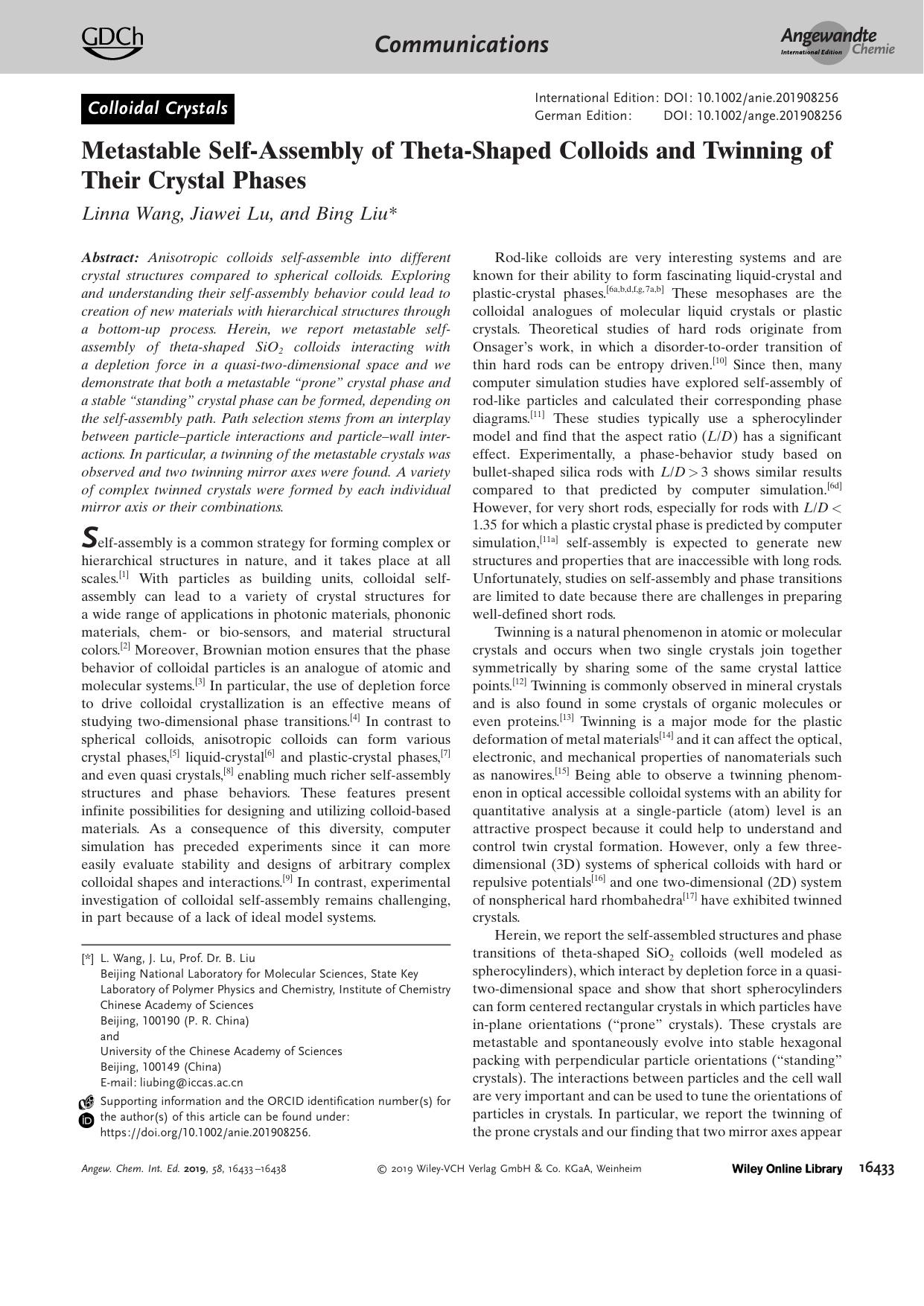 Metastable SelfâAssembly of ThetaâShaped Colloids and Twinning of Their Crystal Phases by Unknown