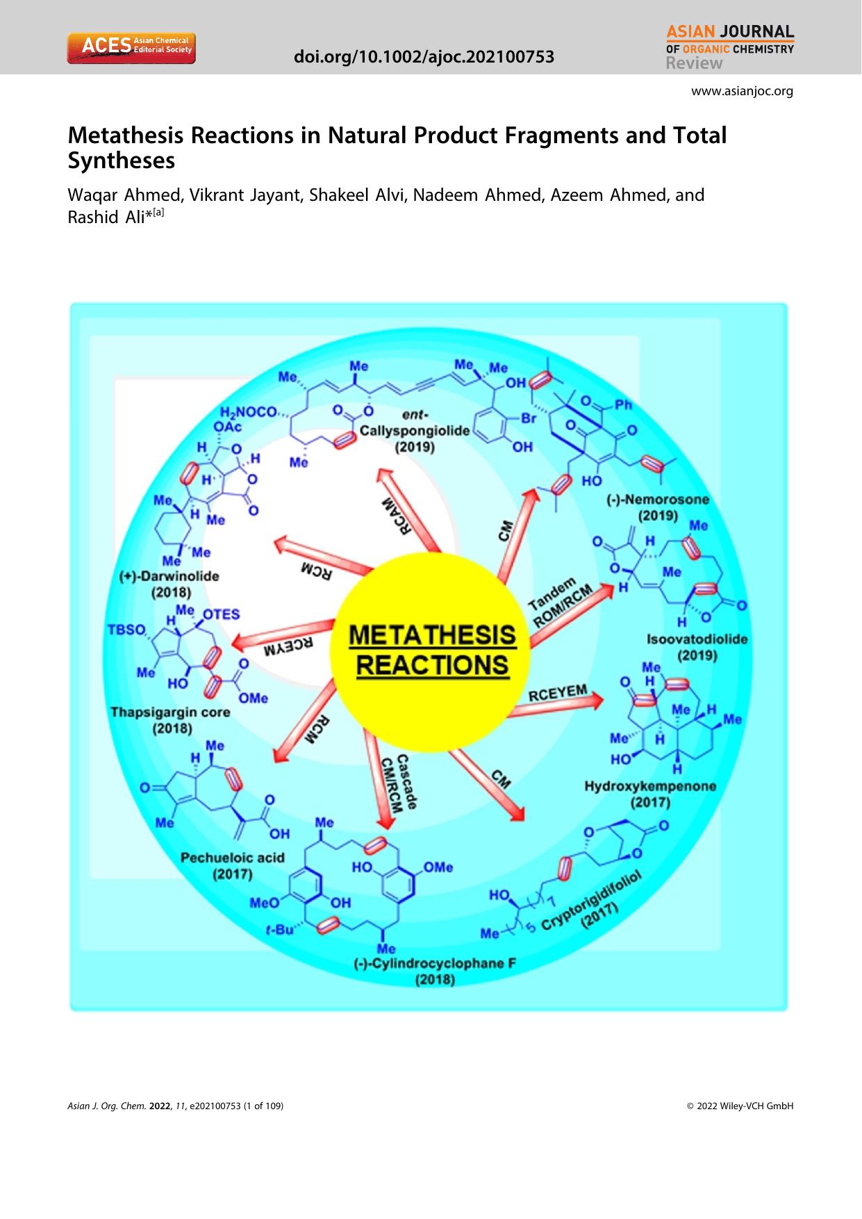 Metathesis Reactions in Natural Product Fragments and Total Syntheses by Unknown