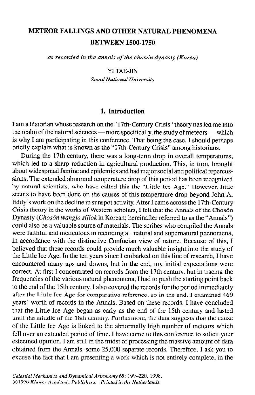 Meteor Fallings and other Natural Phenomena between 1500-1750 as recorded in the annals of the chos&#x0159;on dynasty (Korea) by Unknown