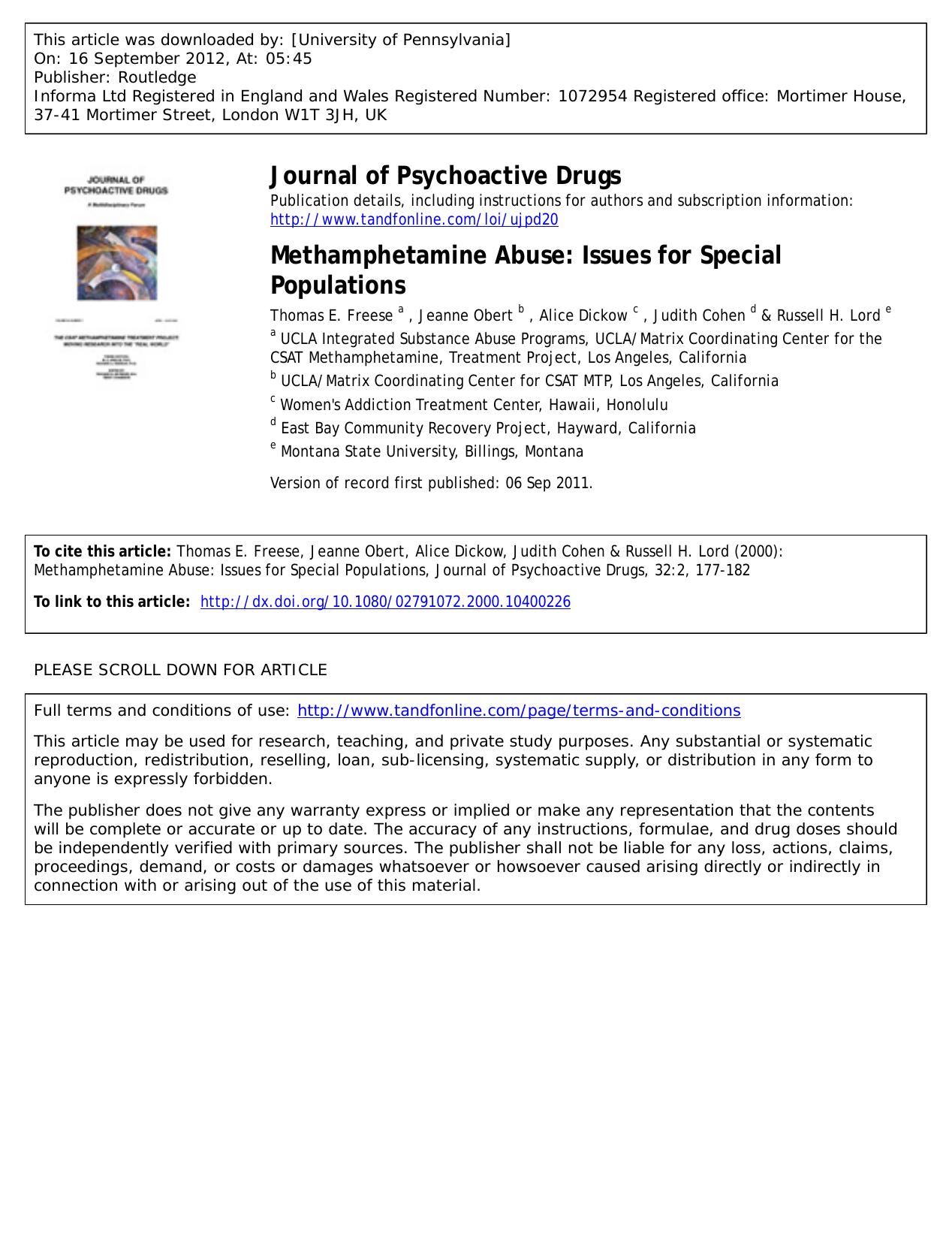 Methamphetamine Abuse: Issues for Special Populations by unknow