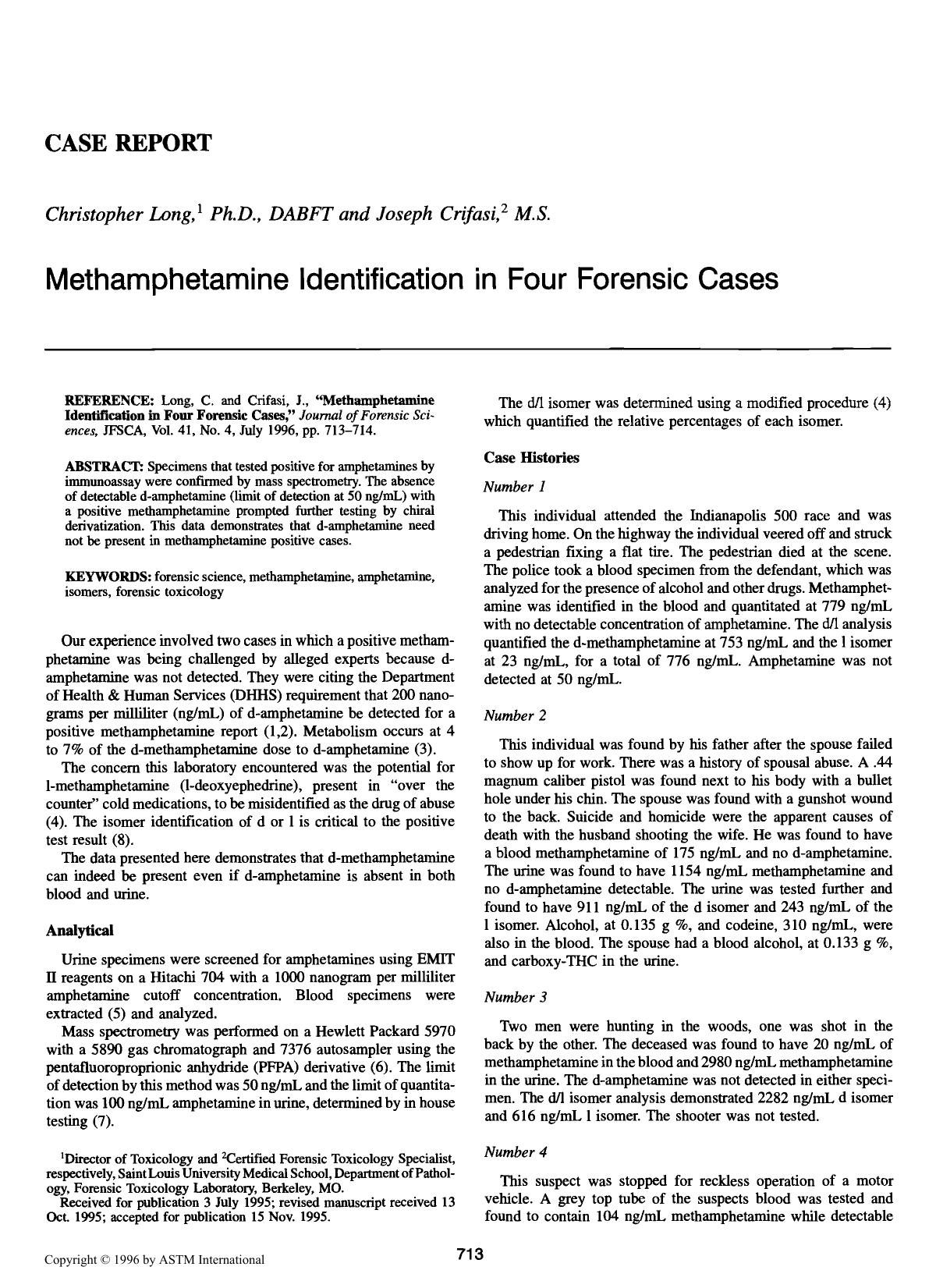 Methamphetamine Identification in Four Forensic Cases by Long C Crifasi J