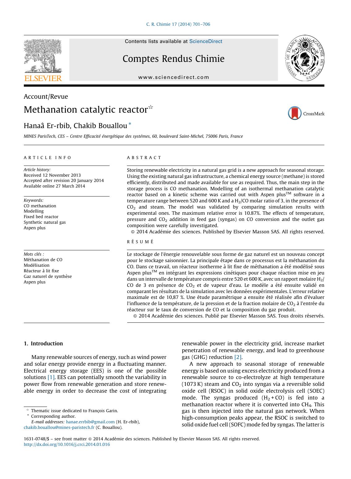 Methanation catalytic reactor by Hanaâ Er-rbib & Chakib Bouallou
