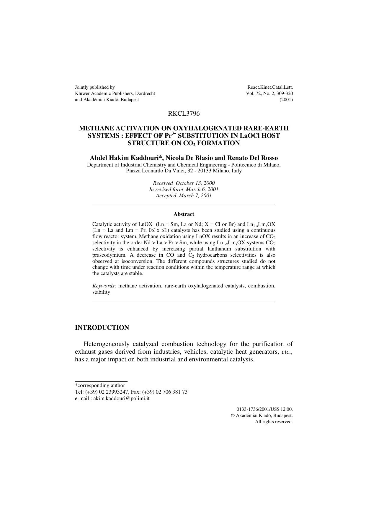 Methane Activation On Oxyhalogenated Rare-Earth Systems : Effect Of Pr3+ Substitution In Laocl Host Structure On Co2 FORMATION by Unknown