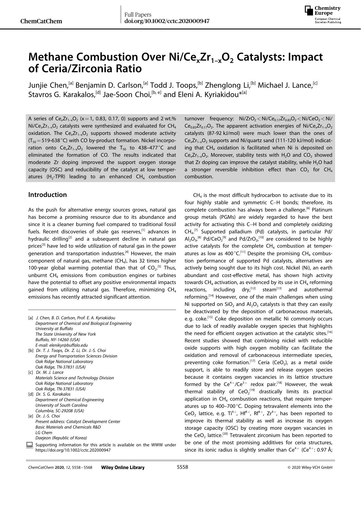 Methane Combustion Over NiCexZr1âxO2 Catalysts: Impact of CeriaZirconia Ratio by Unknown