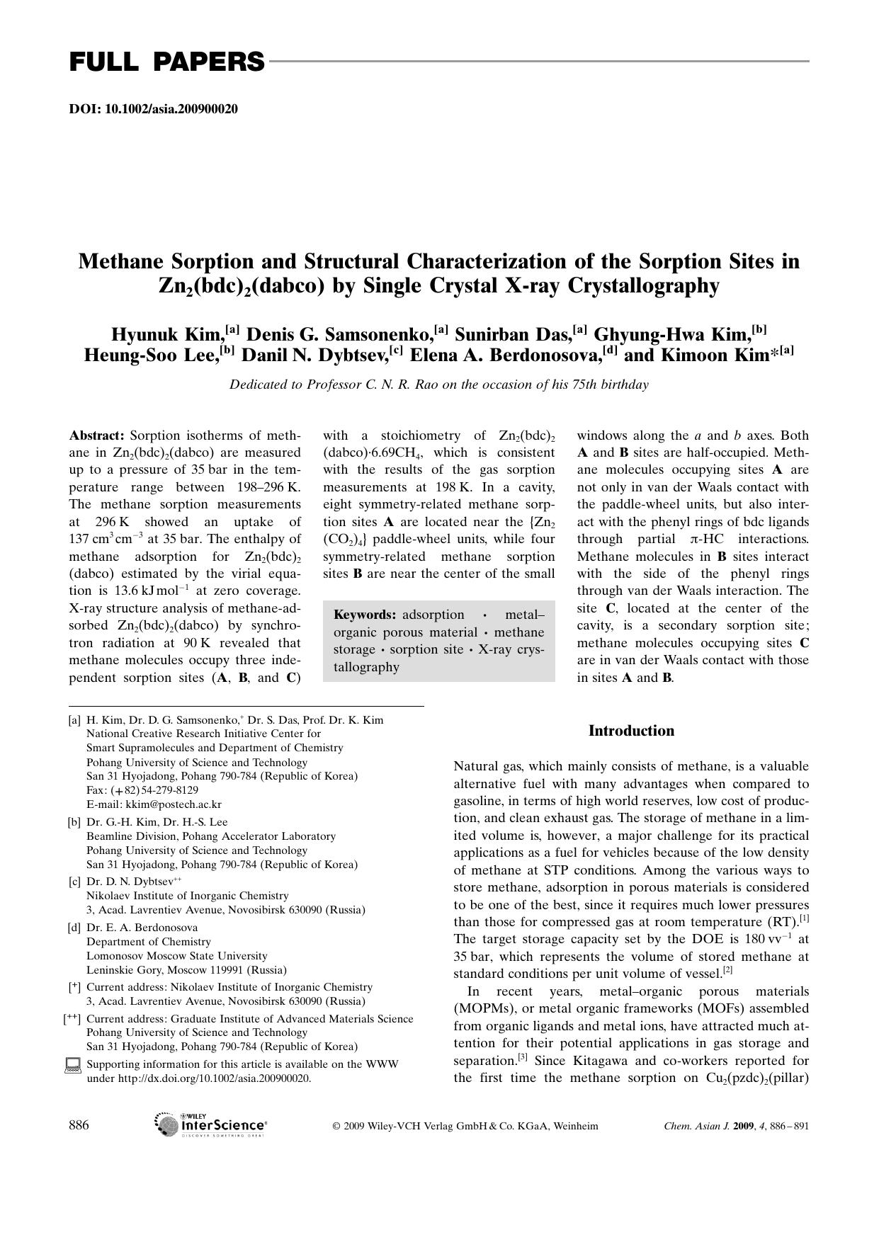 Methane Sorption and Structural Characterization of the Sorption Sites in Zn2(bdc)2(dabco) by Single Crystal X-ray Crystallography by Unknown