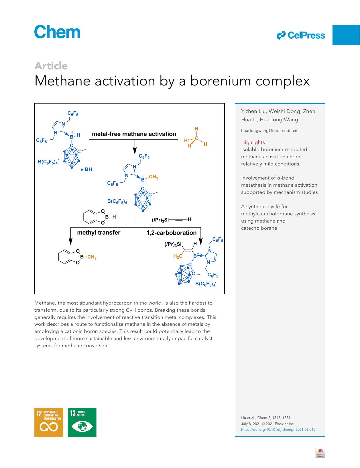 Methane activation by a borenium complex by Yizhen Liu & Weishi Dong & Zhen Hua Li & Huadong Wang