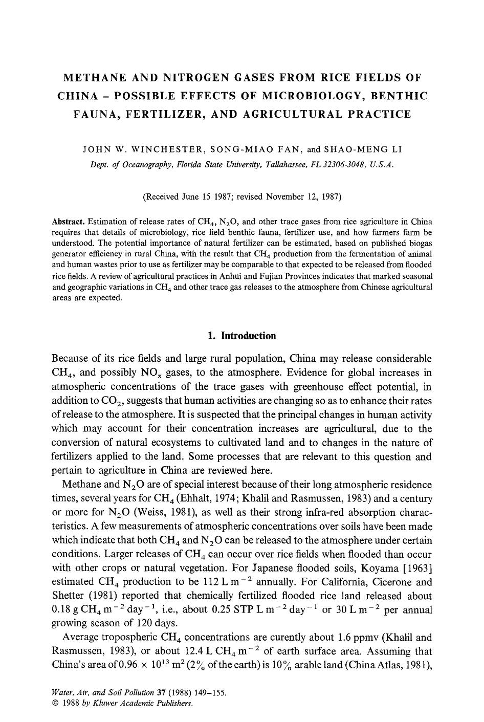 Methane and nitrogen gases from rice fields of China &#x2014; possible effects of microbiology, benthic fauna, fertilizer, and agricultural practice by Unknown