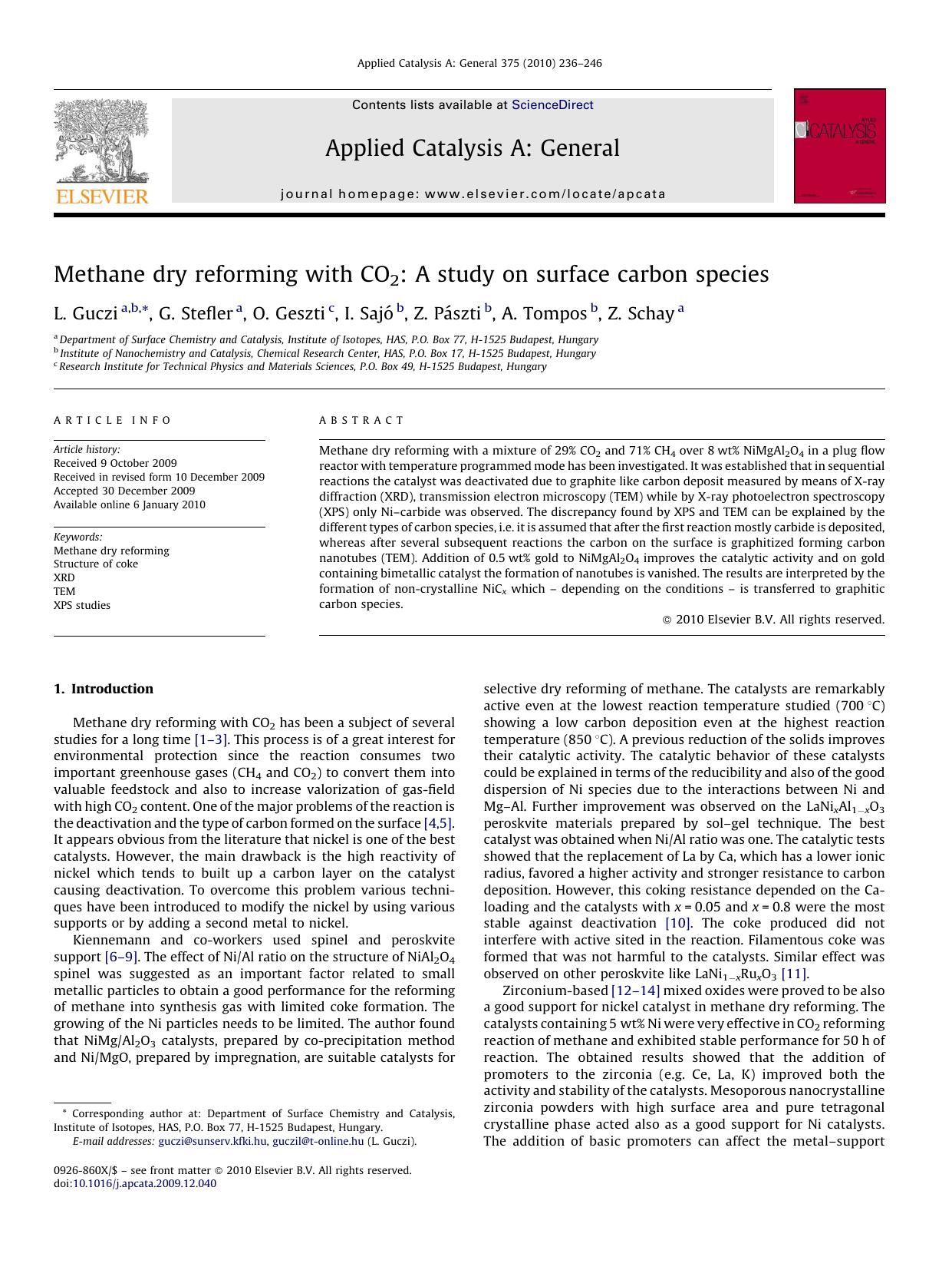 Methane dry reforming with CO2: A study on surface carbon species by L. Guczi; G. Stefler; O. Geszti; I. SajÃ³; Z. PÃ¡szti; A. Tompos; Z. Schay