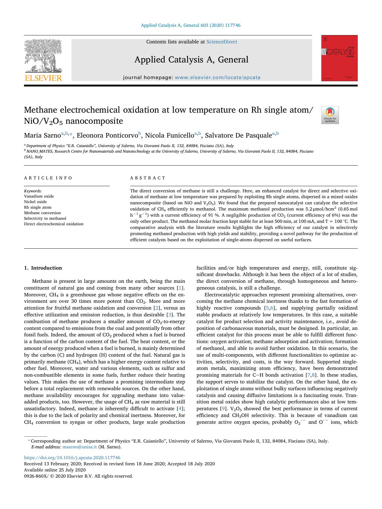 Methane electrochemical oxidation at low temperature on Rh single atomNiOV2O5 nanocomposite by Maria Sarno & Eleonora Ponticorvo & Nicola Funicello & Salvatore De Pasquale
