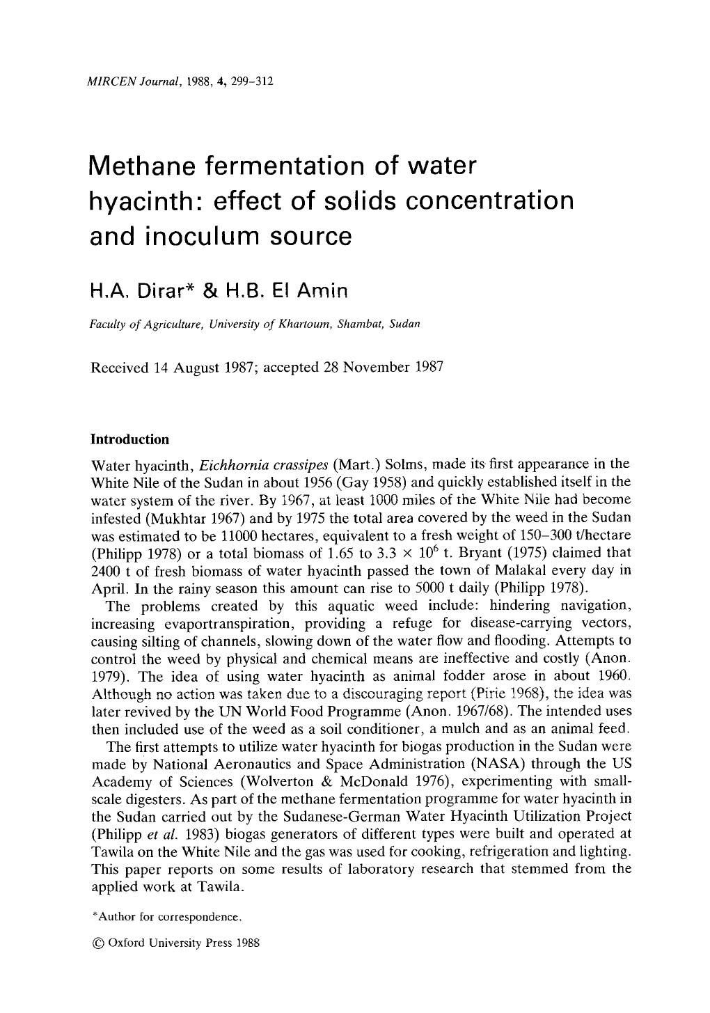 Methane fermentation of water hyacinth: effect of solids concentration and inoculum source by Unknown