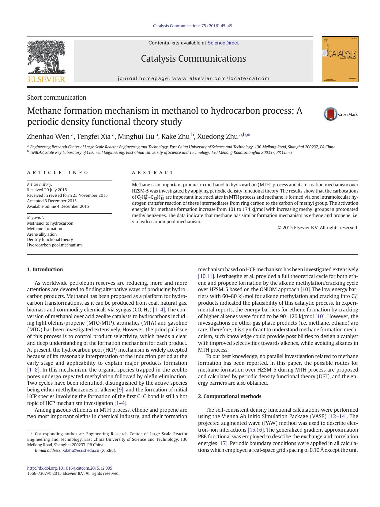 Methane formation mechanism in methanol to hydrocarbon process: A periodic density functional theory study by Zhenhao Wen & Tengfei Xia & Minghui Liu & Kake Zhu & Xuedong Zhu
