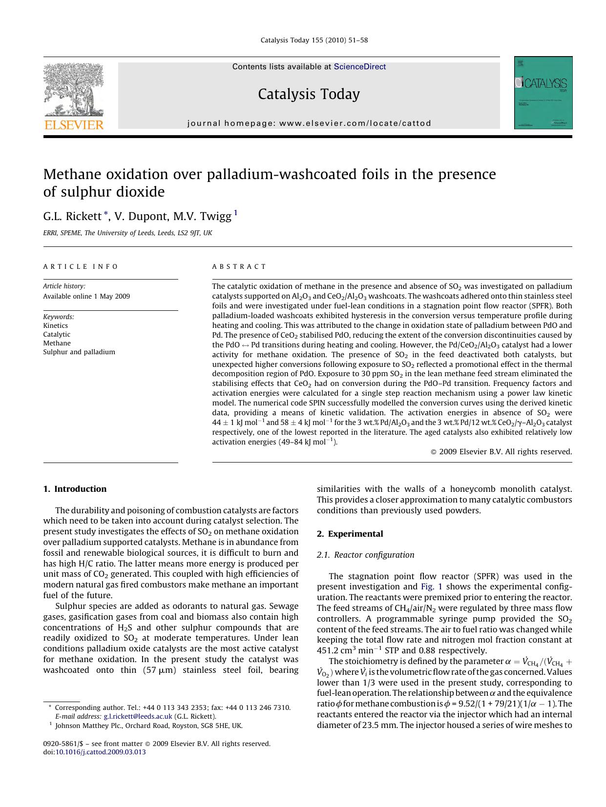 Methane oxidation over palladium-washcoated foils in the presence of sulphur dioxide by G.L. Rickett