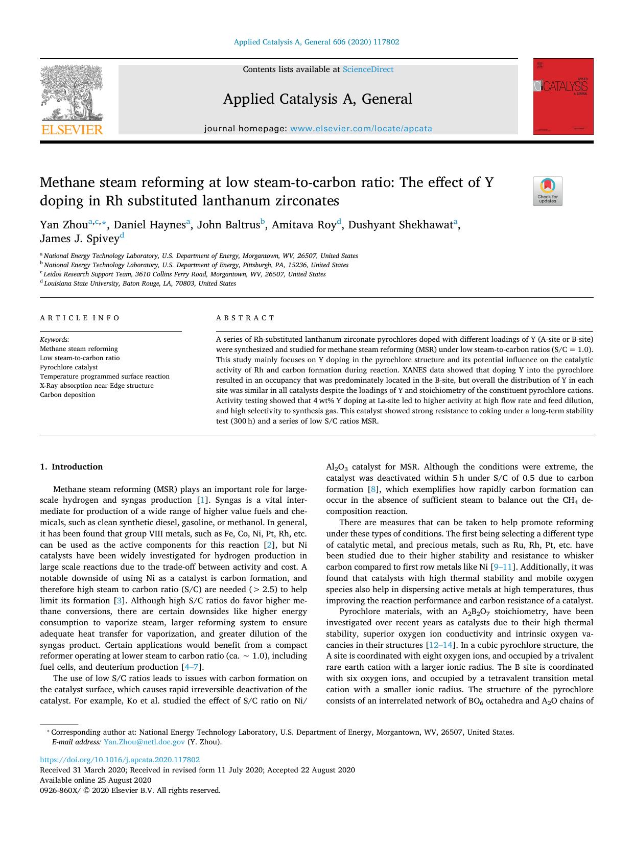 Methane steam reforming at low steam-to-carbon ratio_ The effect of Y doping in Rh substituted lanthanum zirconates by Yan Zhou & Daniel Haynes & John Baltrus & Amitava Roy & Dushyant Shekhawat & James J. Spivey