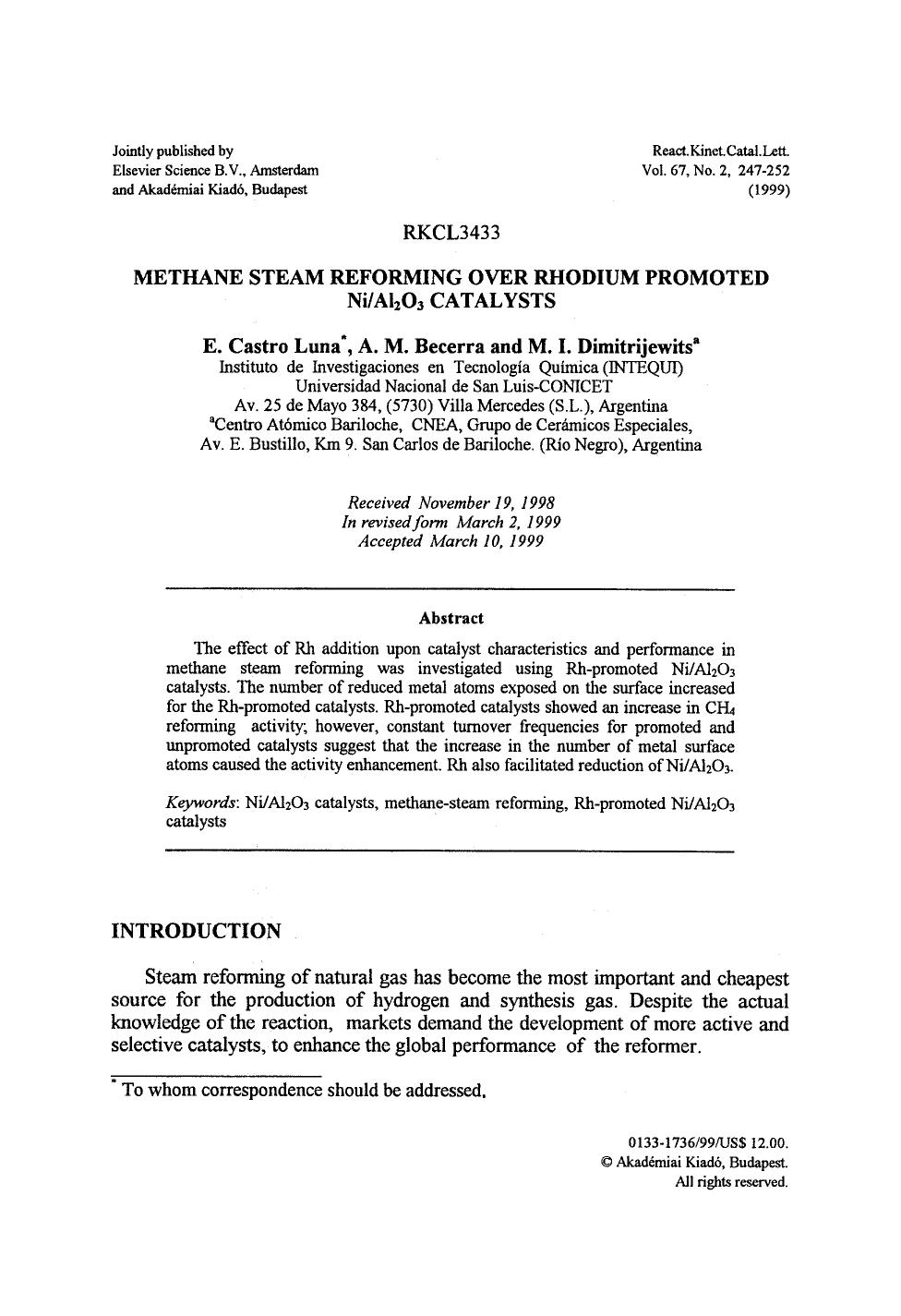 Methane steam reforming over rhodium promoted NiAl <Subscript>2 <Subscript>O <Subscript>3 <Subscript> catalysts by Unknown