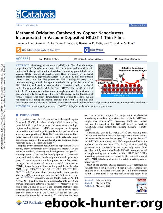 Methanol Oxidation Catalyzed by Copper Nanoclusters Incorporated in Vacuum-Deposited HKUST-1 Thin Films by Sungmin Han Ryan A. Ciufo Bryan R. Wygant Benjamin K. Keitz & C. Buddie Mullins
