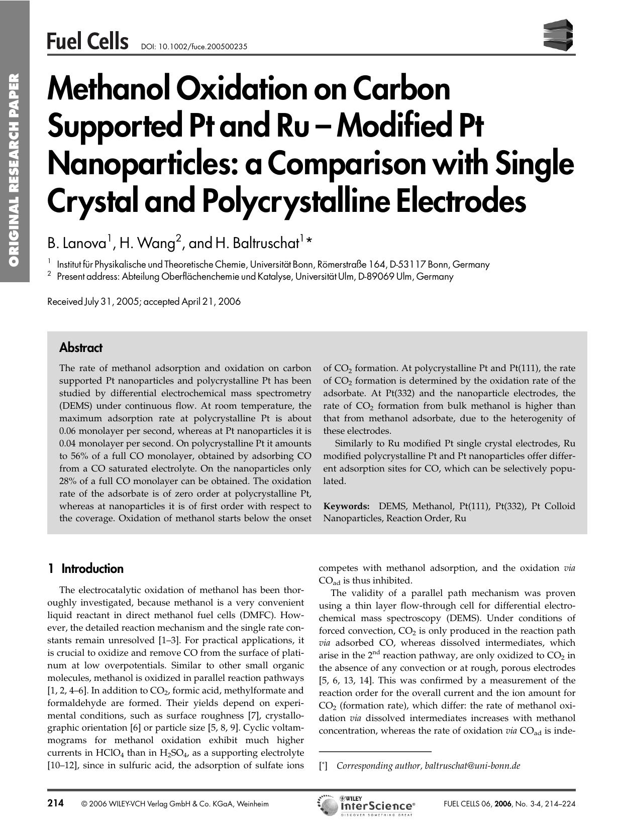 Methanol Oxidation on Carbon Supported Pt and Ru - Modified Pt Nanoparticles: a Comparison with Single Crystal and Polycrystalline Electrodes by Unknown
