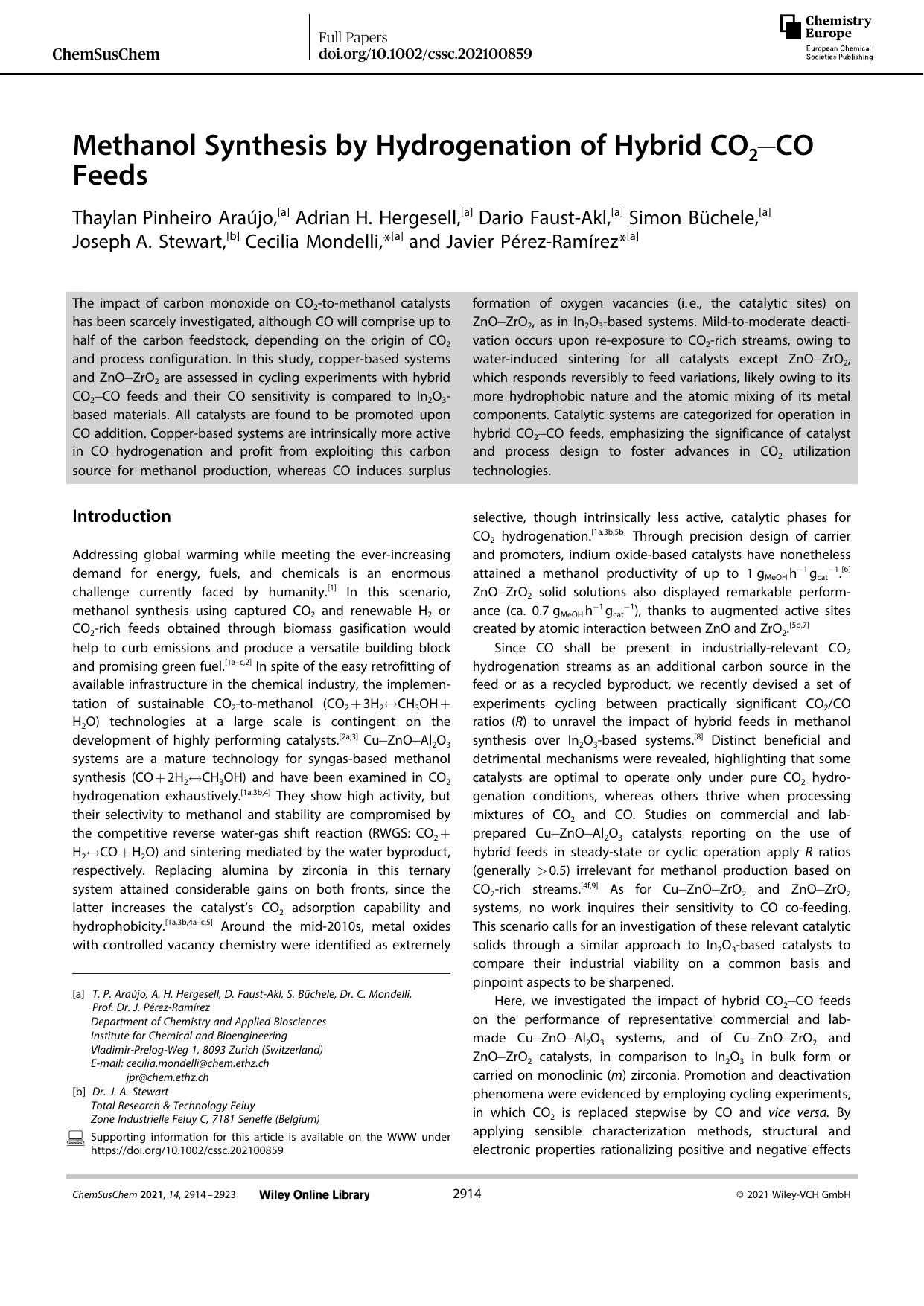 Methanol Synthesis by Hydrogenation of Hybrid CO2âCO Feeds by Unknown