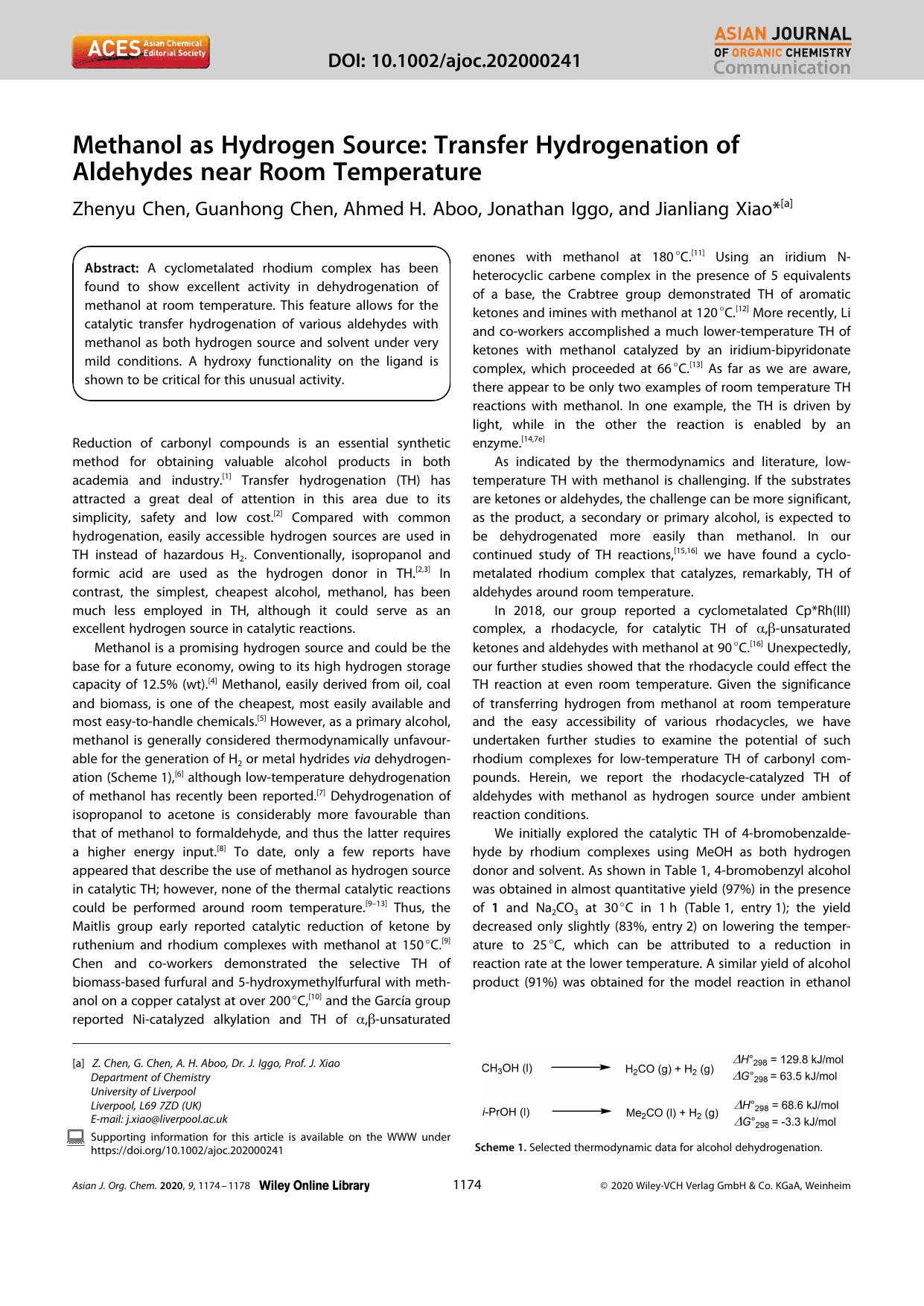Methanol as Hydrogen Source: Transfer Hydrogenation of Aldehydes near Room Temperature by Unknown