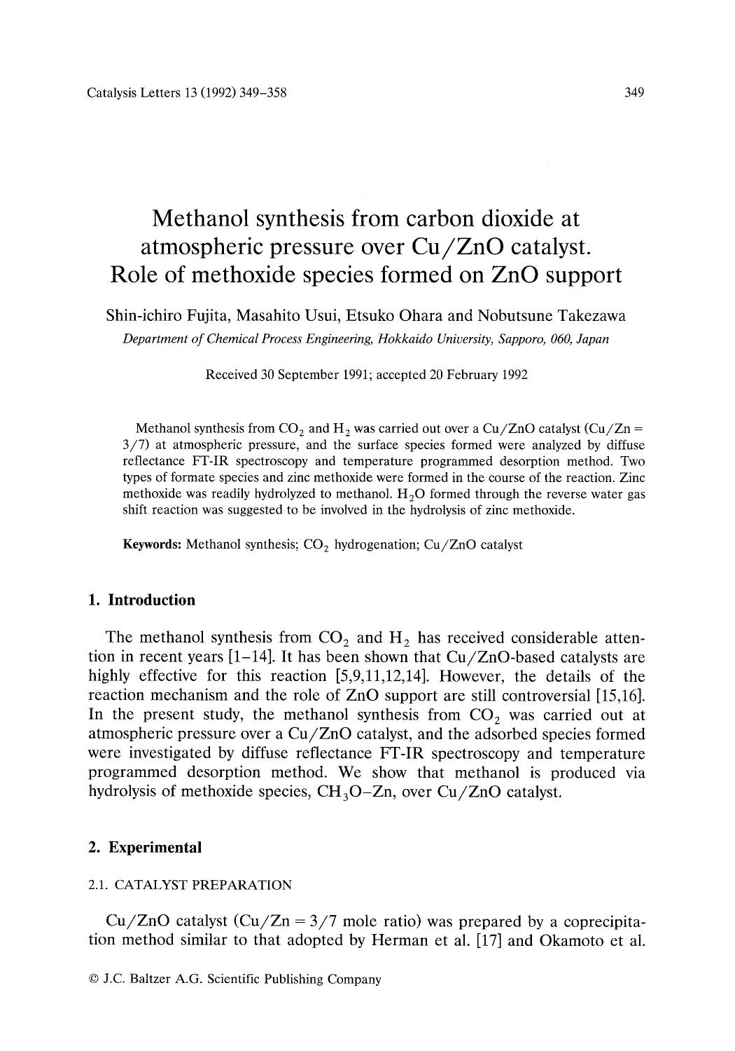 Methanol synthesis from carbon dioxide at atmospheric pressure over CuZnO catalyst. Role of methoxide species formed on ZnO support by Unknown