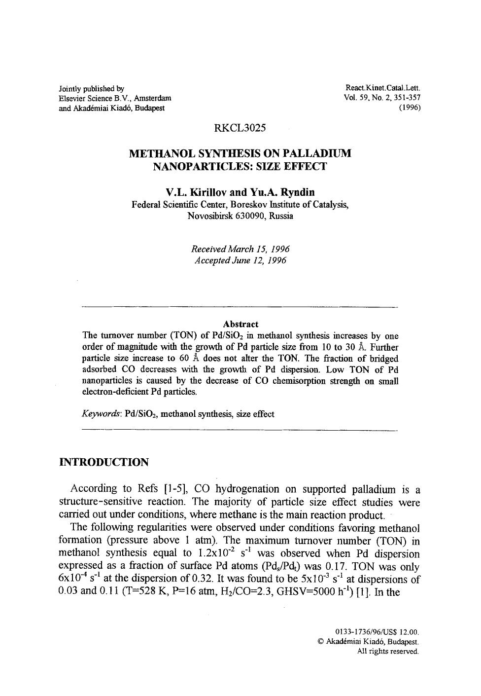 Methanol synthesis on palladium nanoparticles: Size effect by Unknown