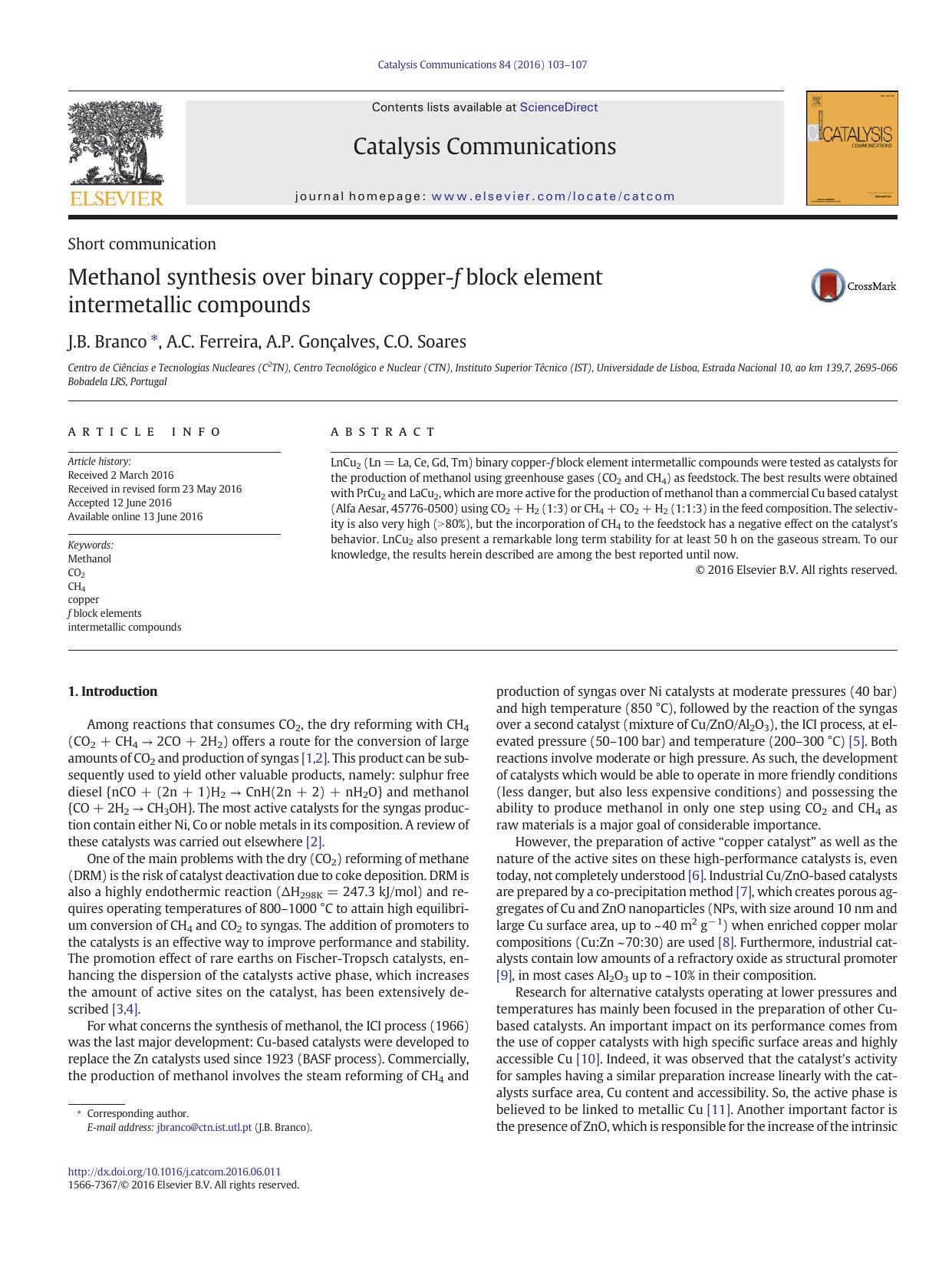Methanol synthesis over binary copper-f block element intermetallic compounds by J.B. Branco & A.C. Ferreira & A.P. Gonçalves & C.O. Soares