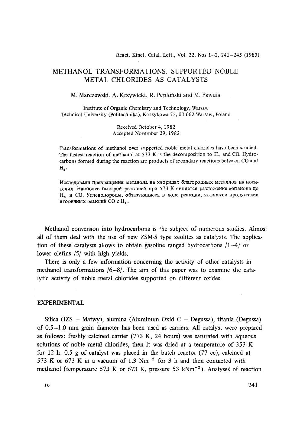 Methanol transformations. Supported noble metal chlorides as catalysts by Unknown
