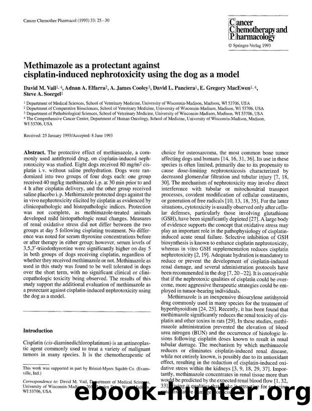 Methimazole as a protectant against cisplatin-induced nephrotoxicity using the dog as a model by Unknown