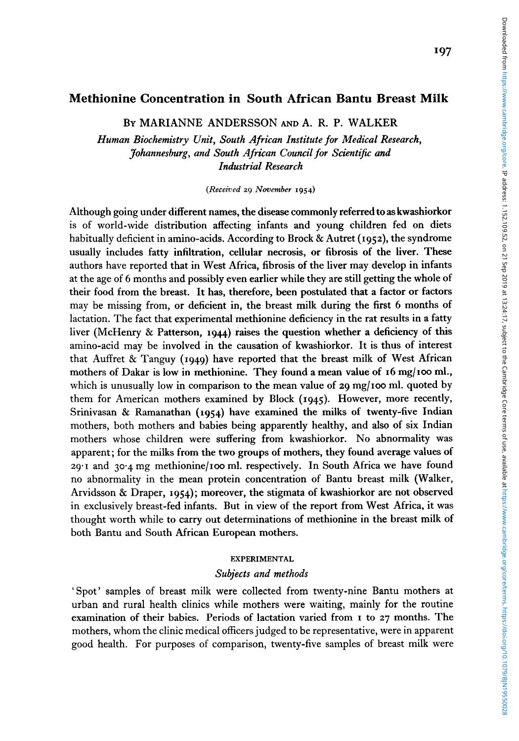 Methionine Concentration in South African Bantu Breast Milk by Marianne Andersson A. R. P. Walker