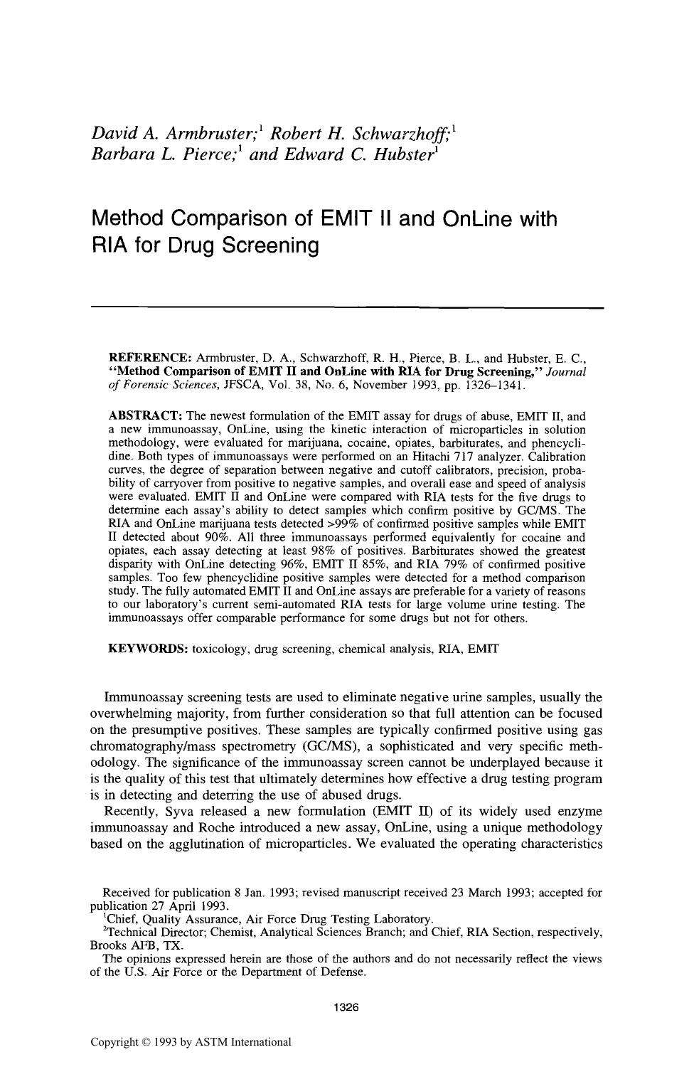 Method Comparison of EMIT II and OnLine with RIA for Drug Screening by Armbruster DA Schwarzhoff RH Pierce BL Hubster EC