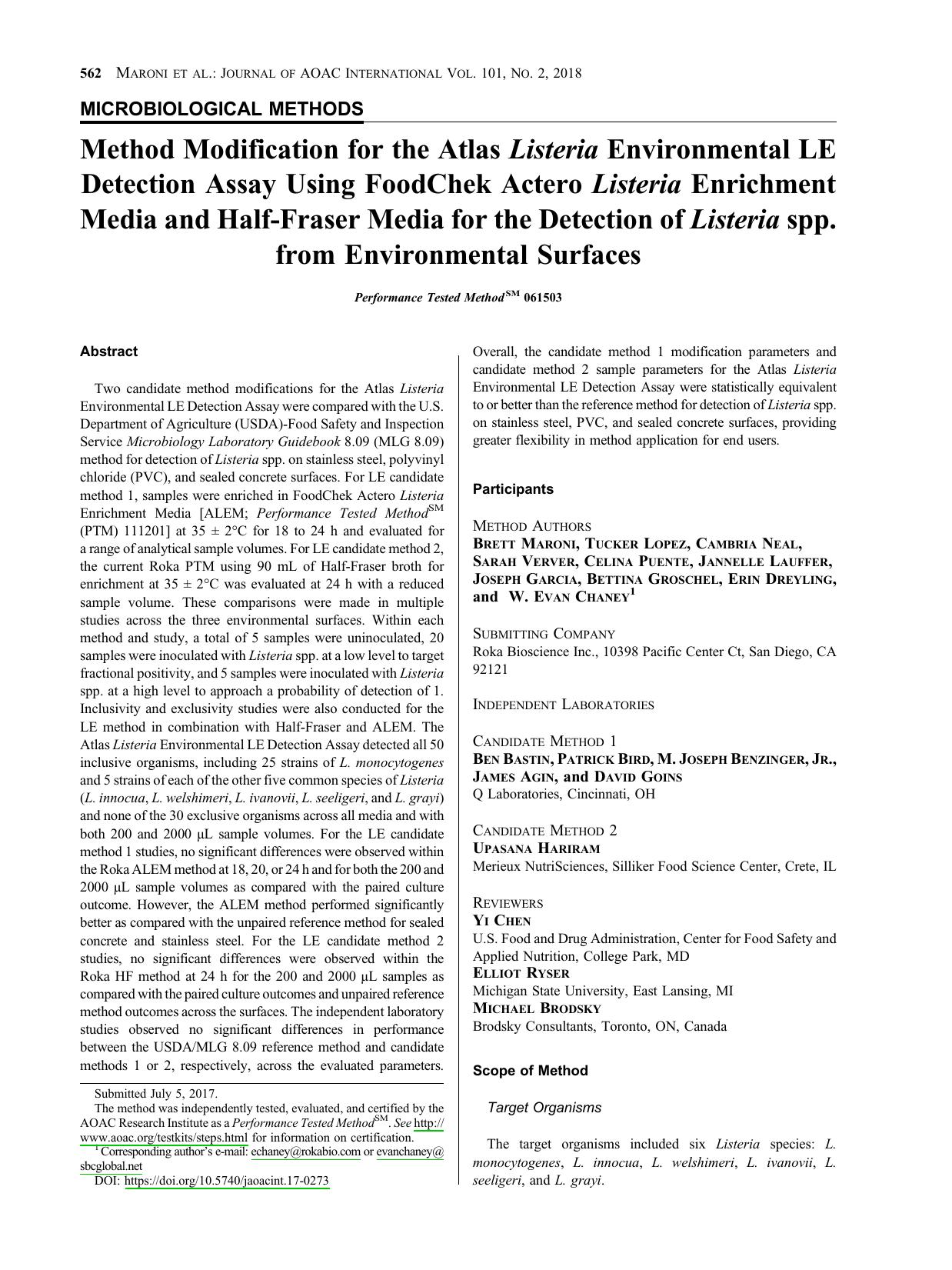 Method Modification for the Atlas <i>Listeria<i> Environmental LE Detection Assay Using FoodChek Actero <i>Listeria<i> Enrichment Media and Half-Fraser Media for the Detection of < by unknow