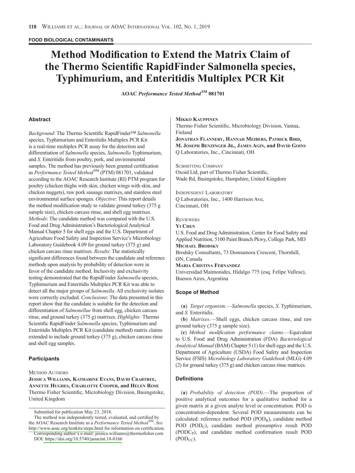 Method Modification to Extend the Matrix Claim of the Thermo Scientific RapidFinder Salmonella species, Typhimurium, and Enteritidis Multiplex PCR Kit by unknow