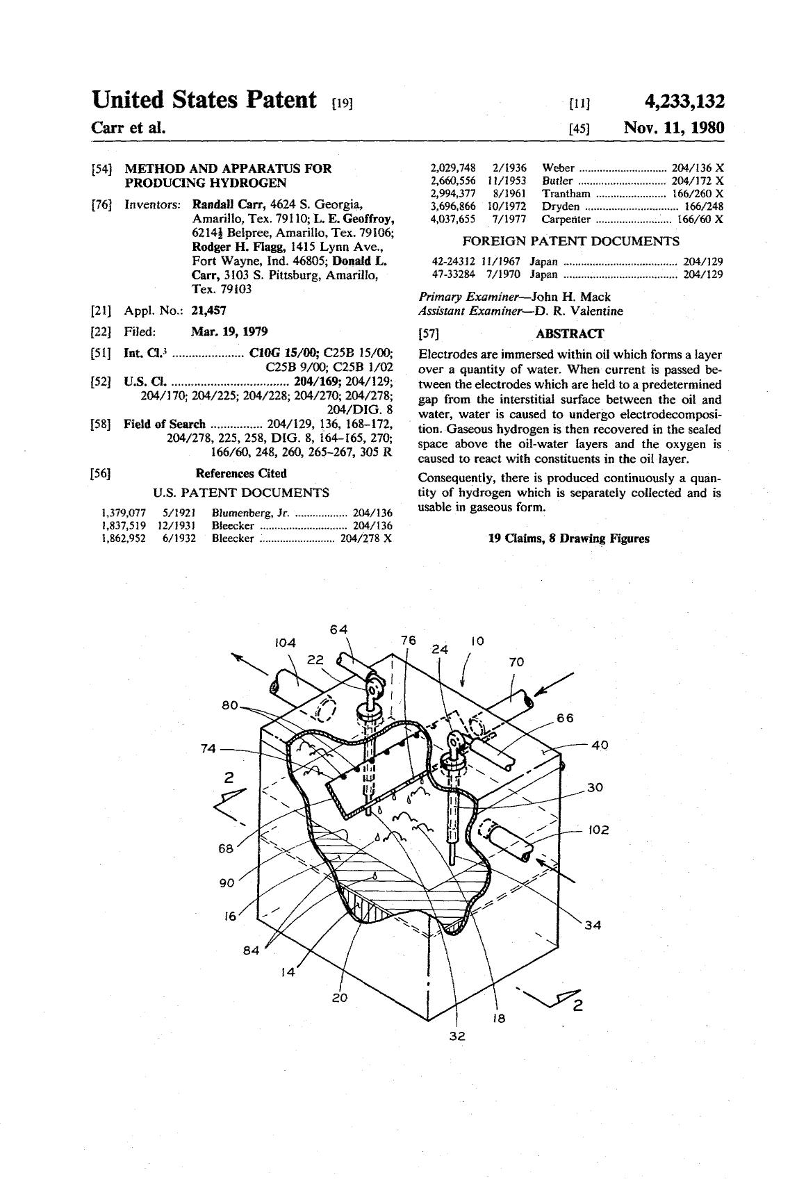 Method and apparatus for producing hydrogen by Randall Carr L. E. Geoffroy Rodger H. Flagg Donald L. Carr