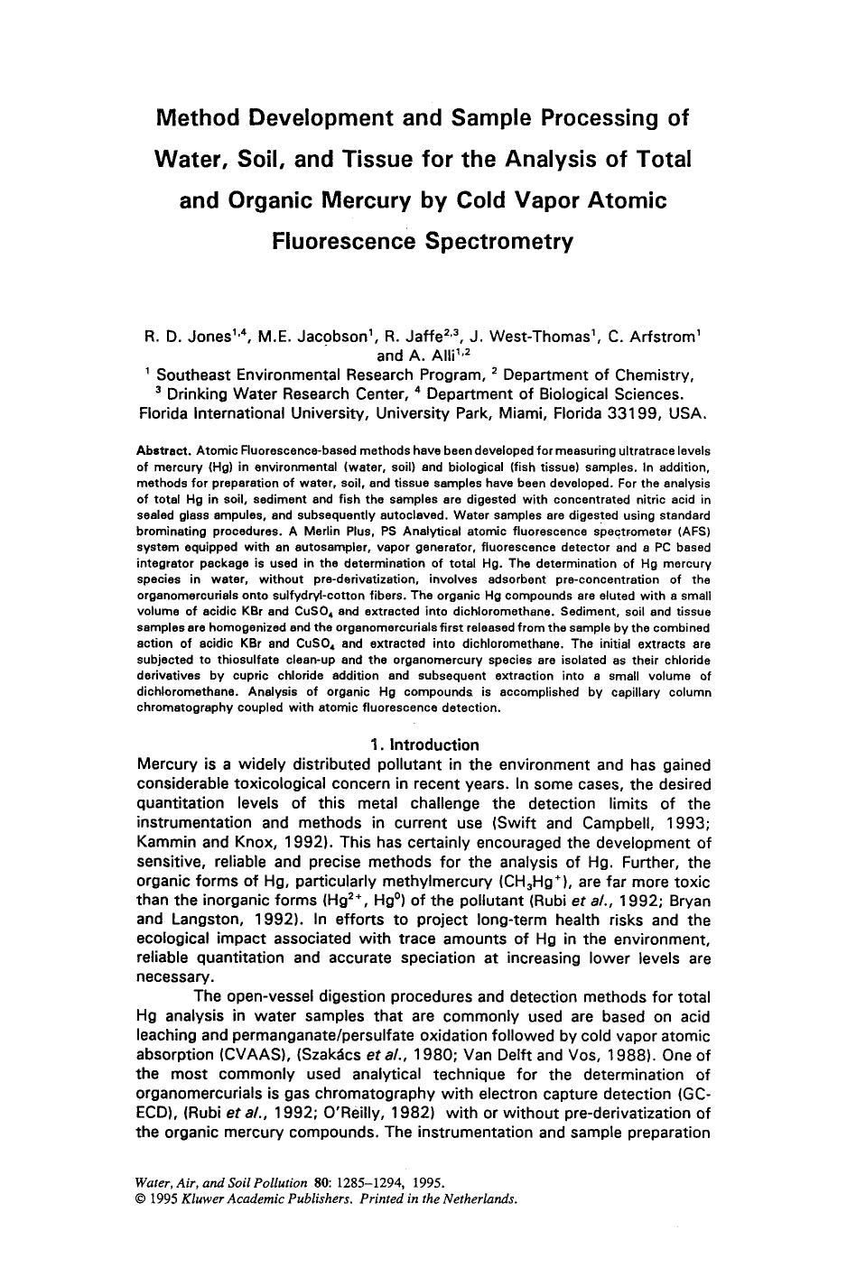 Method development and sample processing of water, soil, and tissue for the analysis of total and organic mercury by cold vapor atomic fluorescence spectrometry by Unknown