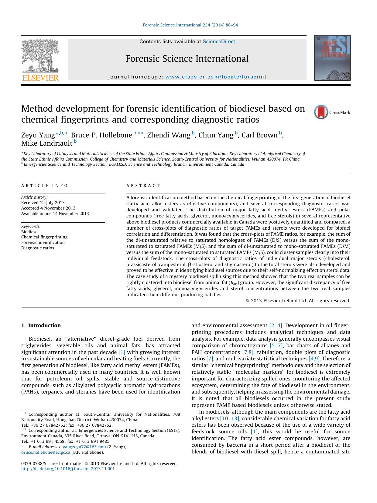 Method development for forensic identification of biodiesel based on chemical fingerprints and corresponding diagnostic ratios by Zeyu Yang