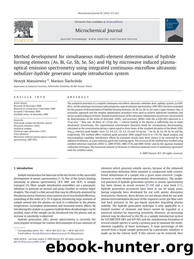 Method development for simultaneous multi-element determination of hydride forming elements (As, Bi, Ge, Sb, Se, Sn) and Hg by microwave induced plasma-optical emission spectrometr by Henryk Matusiewicz; Mariusz Ślachciński