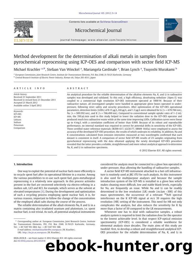 Method development for the determination of alkali metals in samples from pyrochemical reprocessing using ICP-OES and comparison with sector field ICP-MS by Michael Krachler & Stefaan Van Winckel & Mariangela Cardinale & Brian Lynch & Tsuyoshi Murakami