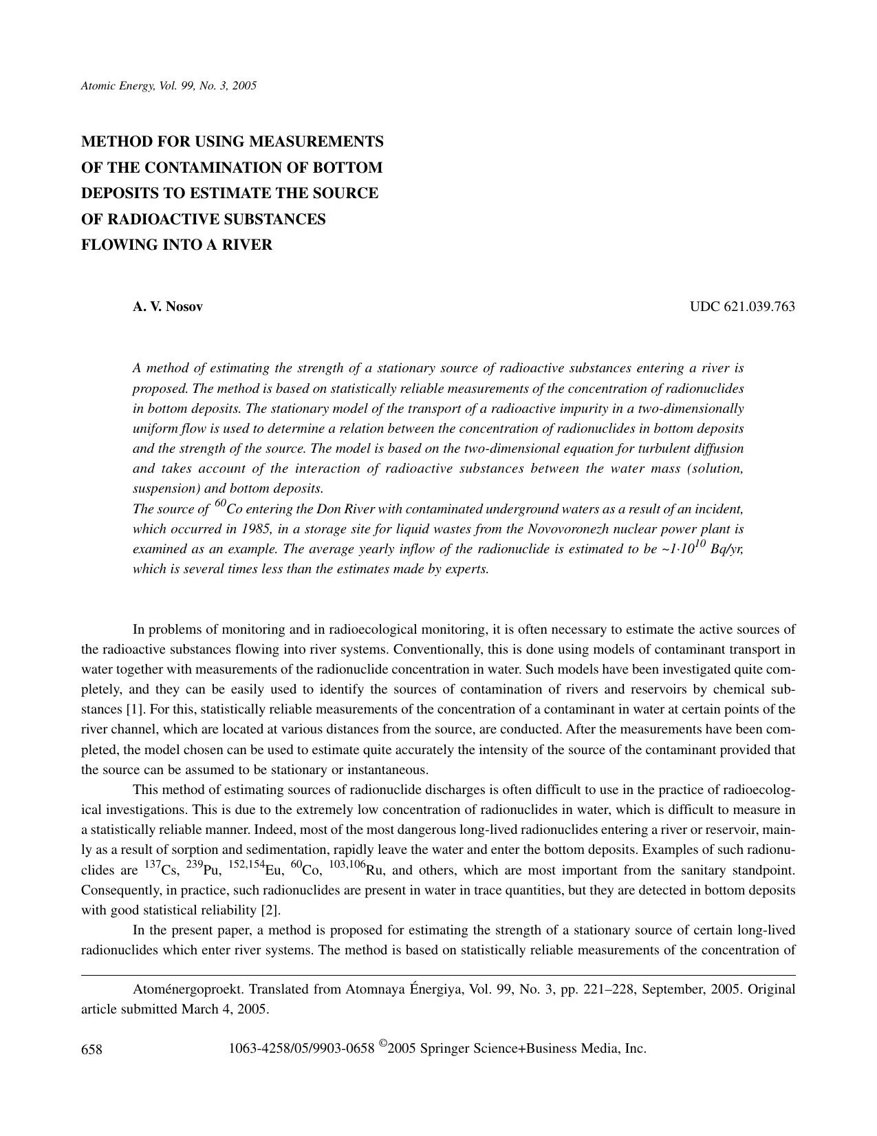 Method for Using Measurements of the Contamination of Bottom Deposits to Estimate the Source of Radioactive Substances Flowing into a River by Unknown