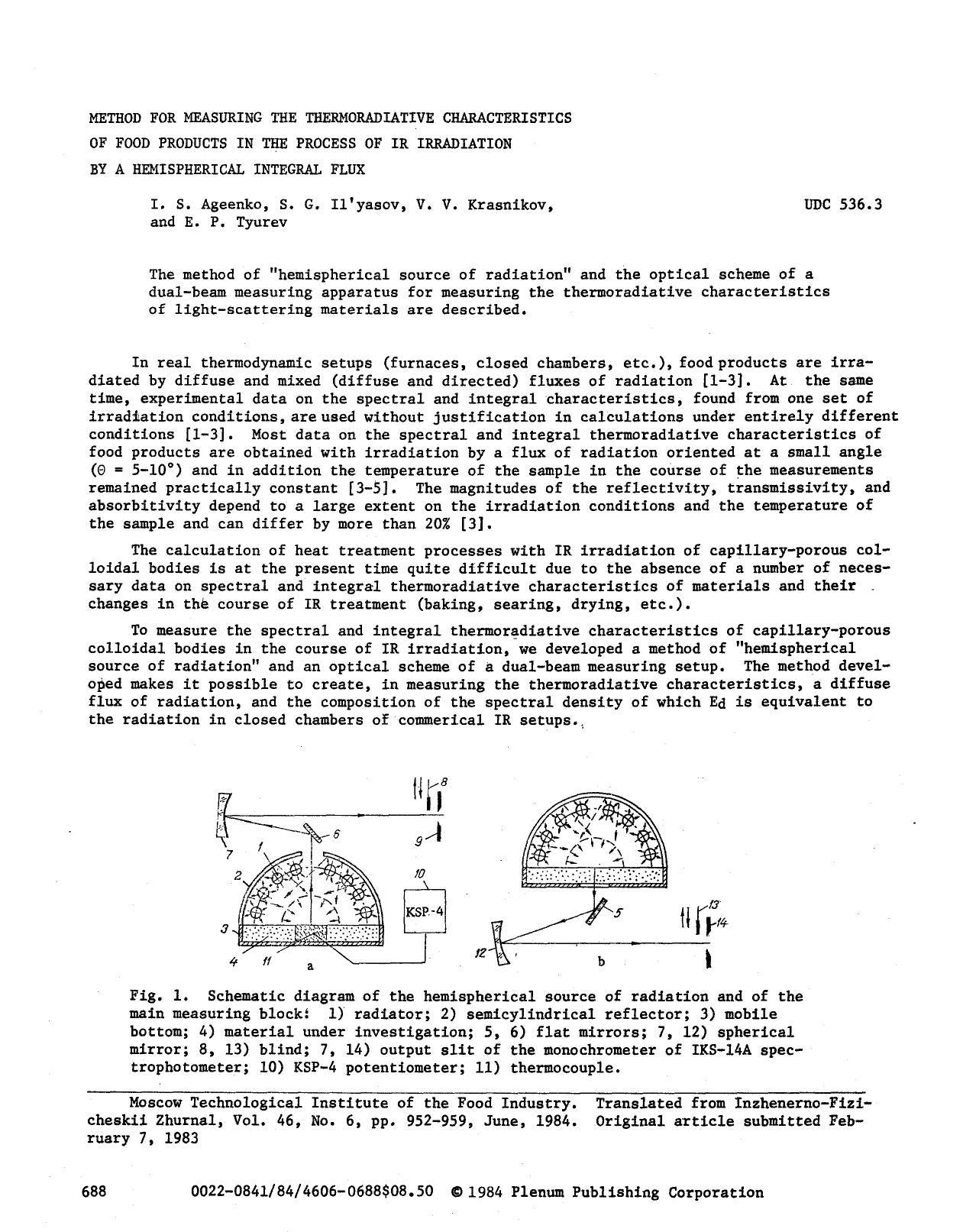 Method for measuring the thermoradiative characteristics of food products in the process of IR irradiation by a hemispherical integral flux by Unknown