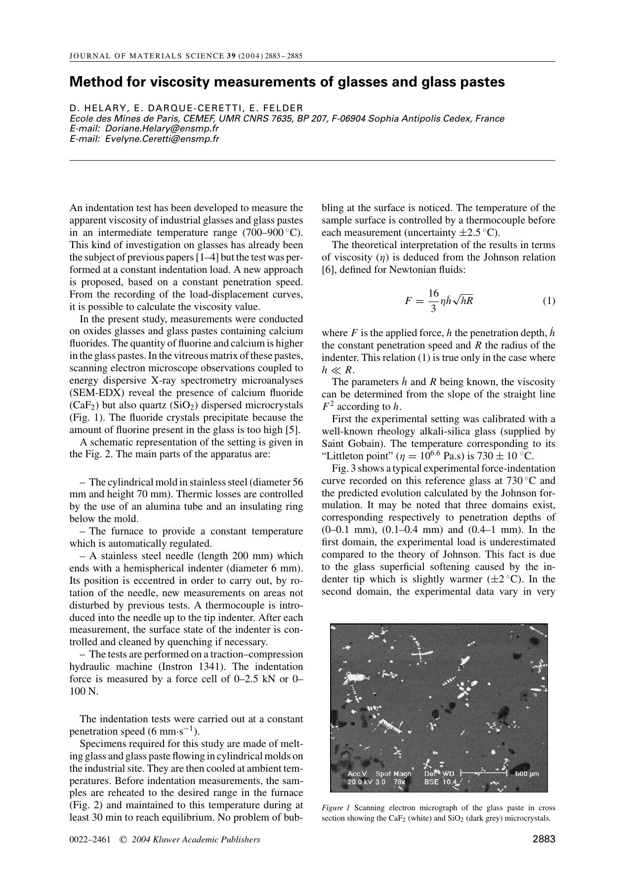 Method for viscosity measurements of glasses and glass pastes by Unknown
