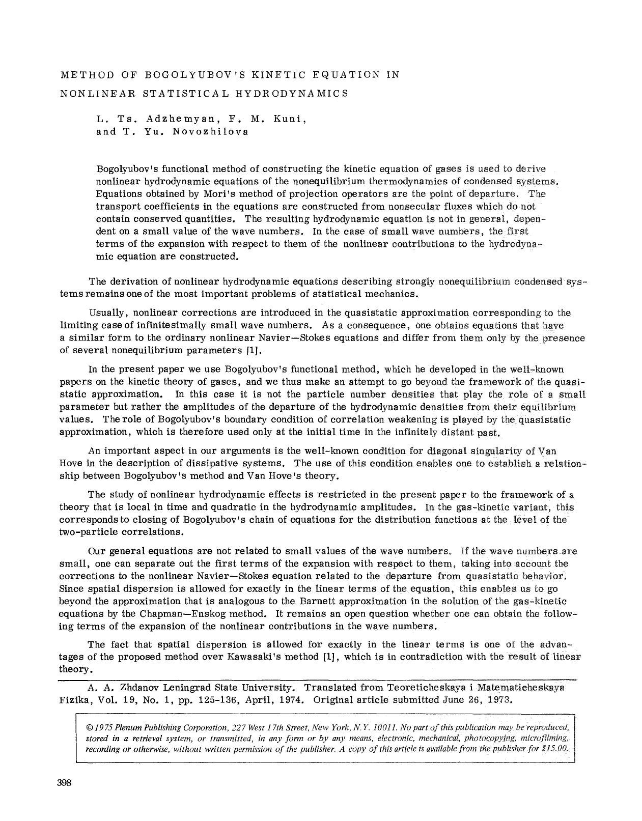 Method of Bogolyubov's kinetic equation in nonlinear statistical hydrodynamics by Unknown