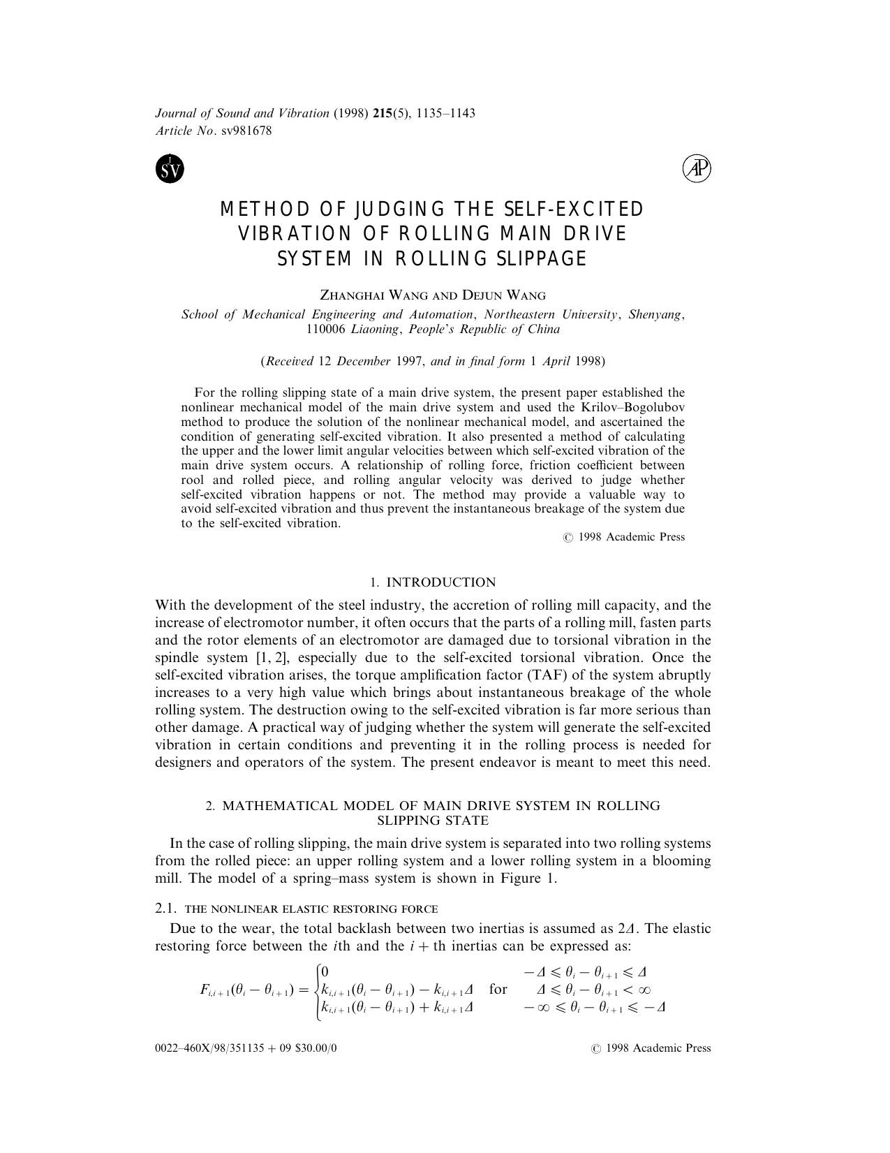 Method of Judging the Self-Excited Vibration of Rolling Main Drive System in Rolling Slippage by Wang Z. & Wang D