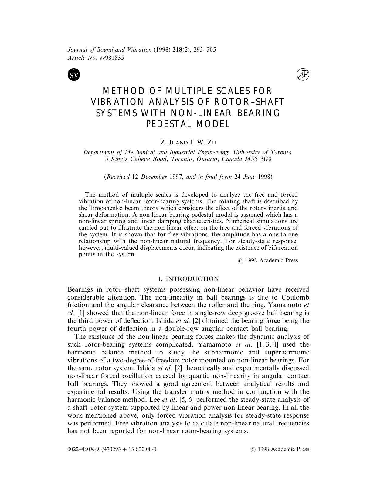 Method of Multiple Scales for Vibration Analysis of Rotor-Shaft Systems with Non-Linear Bearing Pedestal Model by Ji Z. & Zu J. W