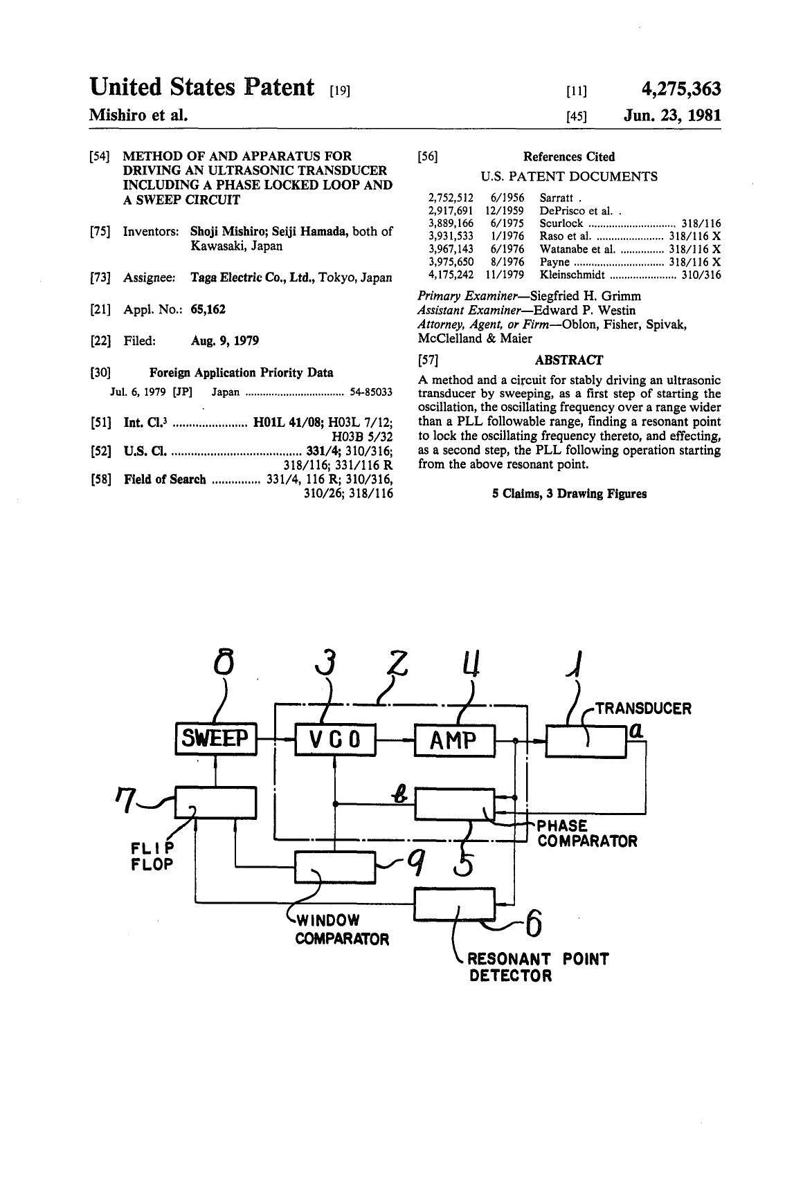 Method of and apparatus for driving an ultrasonic transducer including a phase locked loop and a sweep circuit by Shoji Mishiro Seiji Hamada